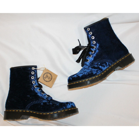 DR. MARTENS Women's‎ Airwair Vegan 1460 Blue Velvet Crushed Velvet Boots NEW - Picture 1 of 7